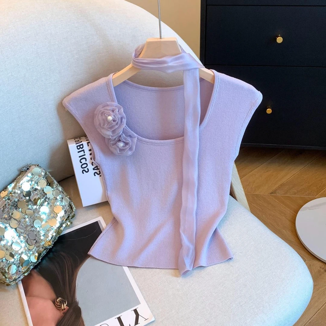 法式飘带花朵系带背心针织t恤女夏季新款超好看独特漂亮上衣洋气