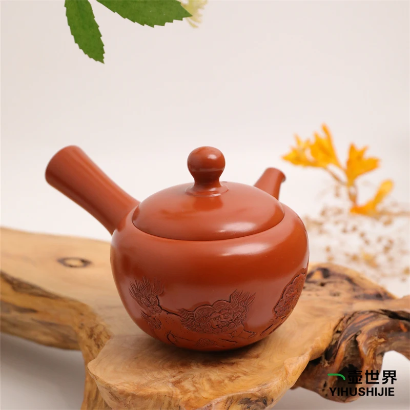 常滑烧纯手工日式紫砂侧把陶茶壶 初代舜园 朱泥 狮子雕 200ml