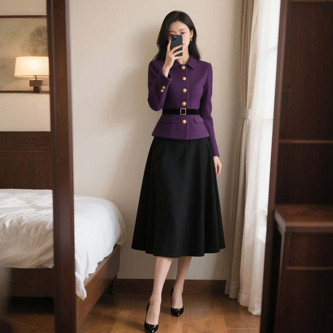 秋冬季新款女装时尚法式复古小香风毛呢外套两件套装半身裙子优雅