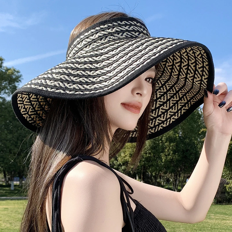 草编大帽檐防晒帽子女夏季出游海边度假空顶遮阳帽时尚百搭太阳帽