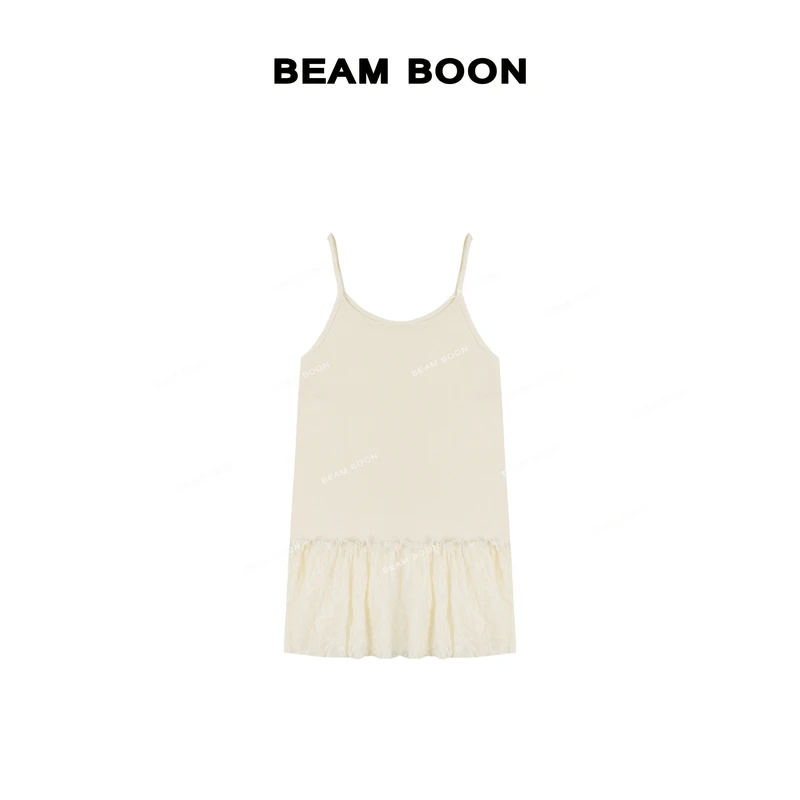 Beam Boon|【白山茶】松软轻薄花边拼接捏褶蕾丝可调节吊带背心