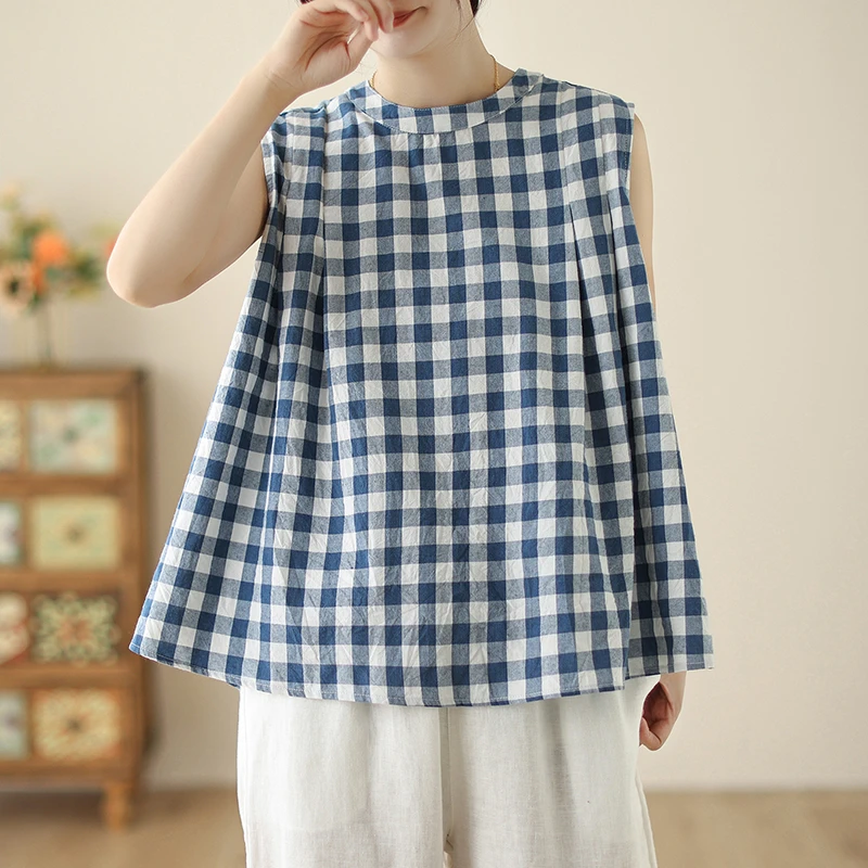 2025春夏新款格纹衬衣蓝白色纯棉格子条纹打褶无袖衬衫女