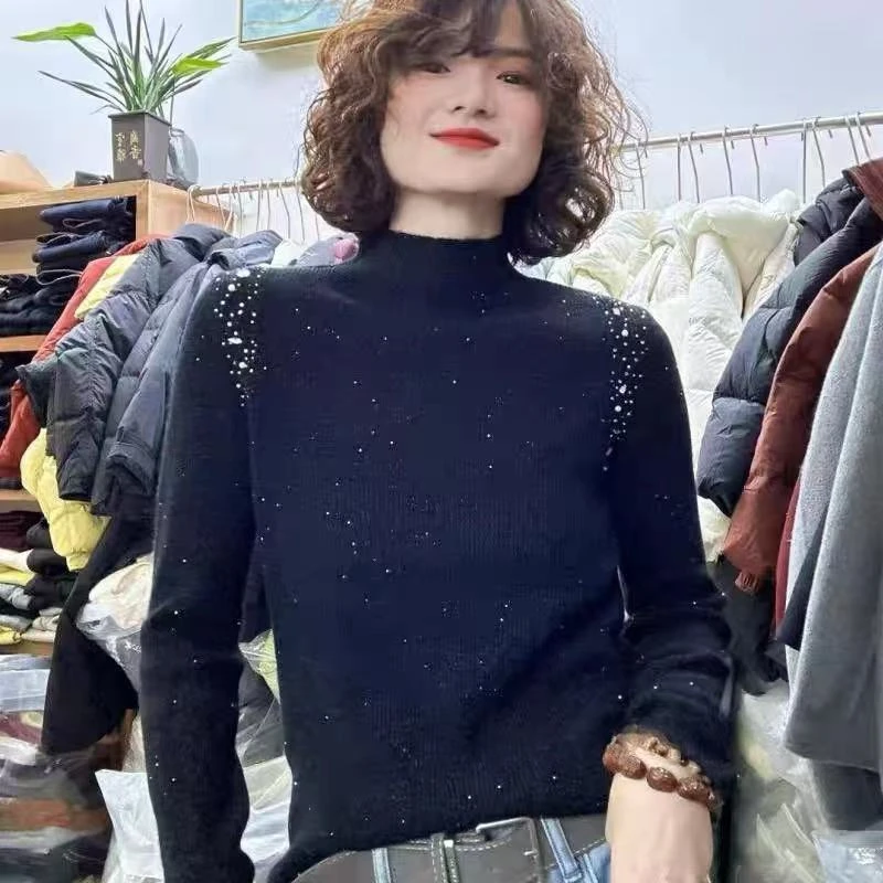 /星空压钻打底/肩钉珠针织打底衫半高领毛衣 衣长64 胸围36 93781