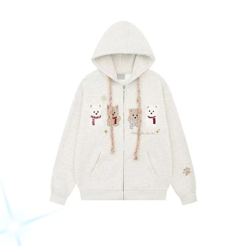 美式复古植绒刺绣小狗开衫连帽卫衣女男秋季宽松显瘦慵懒休闲外套