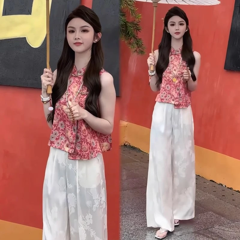 新中式国风套装女2025夏季新款盘扣提花无袖上衣阔腿裤气质两件套