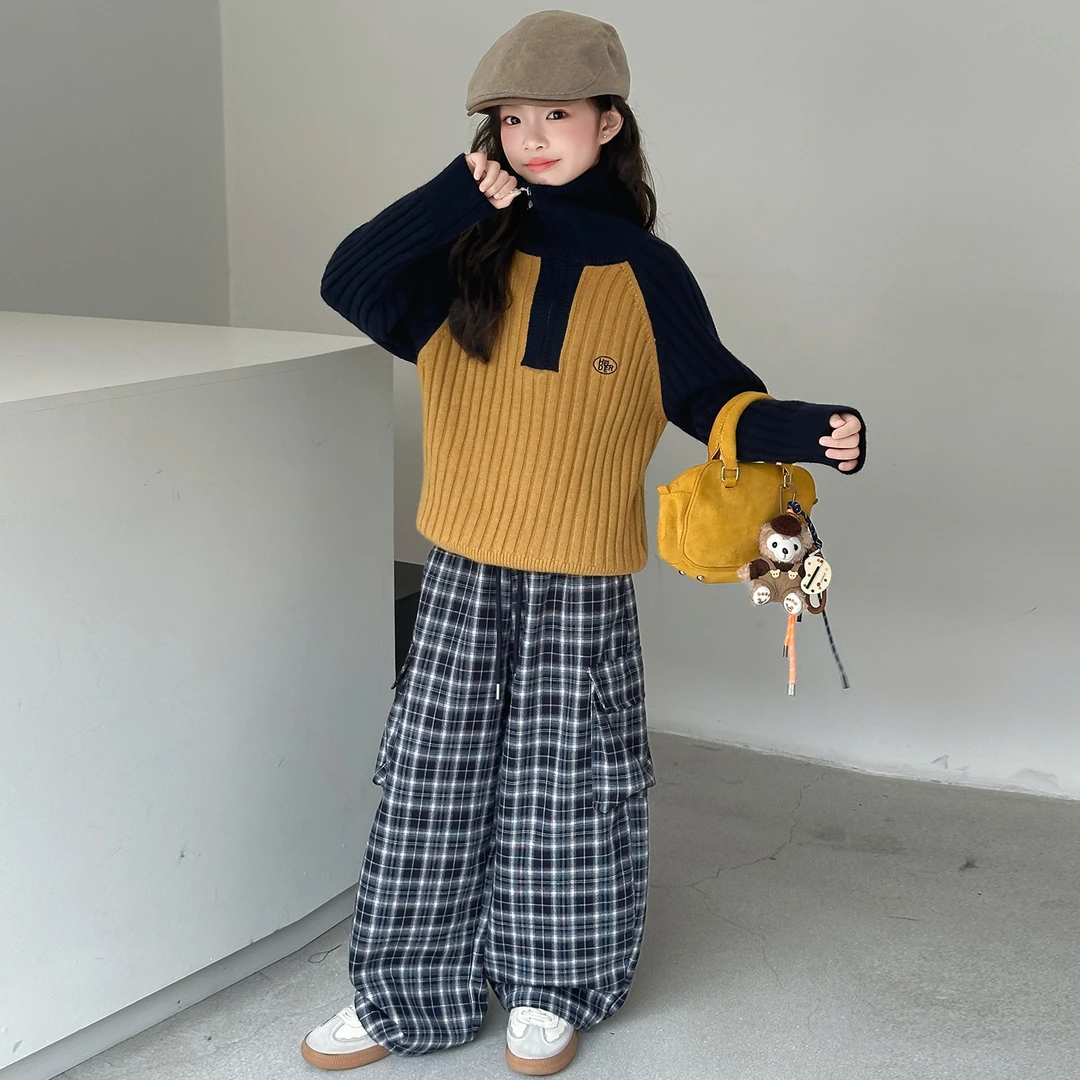 女童秋季毛衣套装2025新款时髦洋气穿搭女孩秋冬加绒格子裤两件套