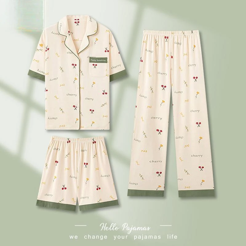 三件套睡衣夏季女2025新款纯棉短袖长裤薄款大码家居服春秋