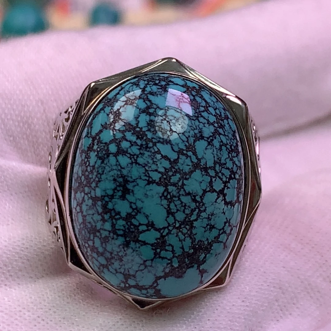 银S925镶嵌绿松石珠宝奇石精品网花大戒指 21.3m