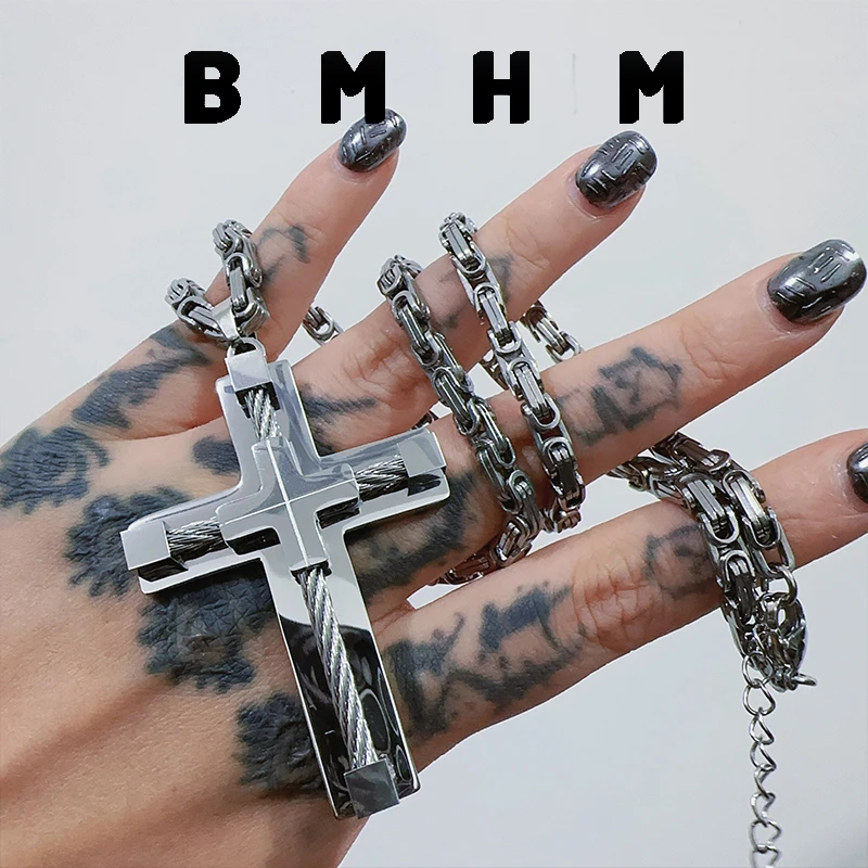 BMHM 钛钢项链 不掉色十字架小众吊坠项链毛衣链时尚百搭霸气