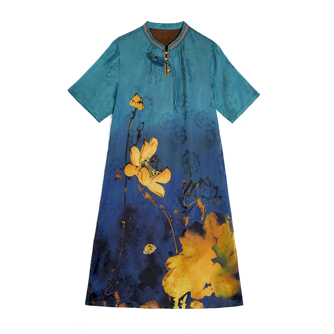 反季专场国风设计款渐变立领短袖百搭提花连衣裙RB122709