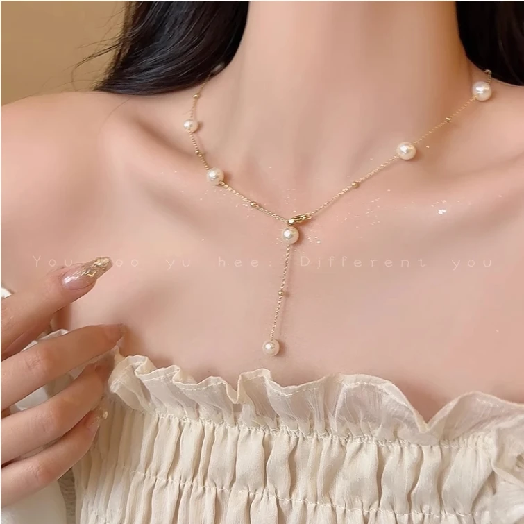 合金仿珍珠项链 满天星流苏白色小众时尚珠珠项链女Y字颈链锁骨链