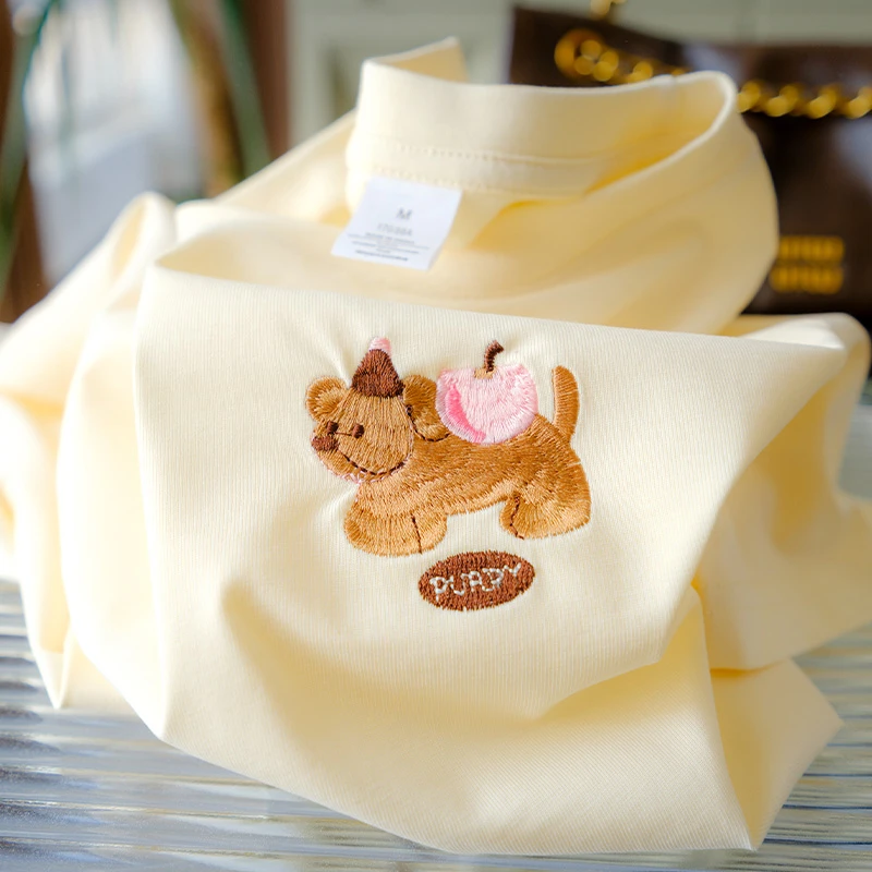 正肩t恤女2025新款刺绣女士短袖t恤女夏纯棉半袖上衣绣花