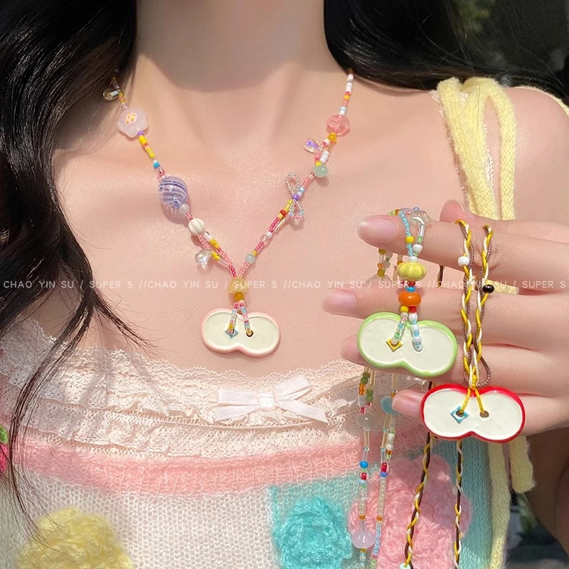 非金属树脂项链 趣味可爱彩色苹果串珠项链女甜美气质锁骨链配饰