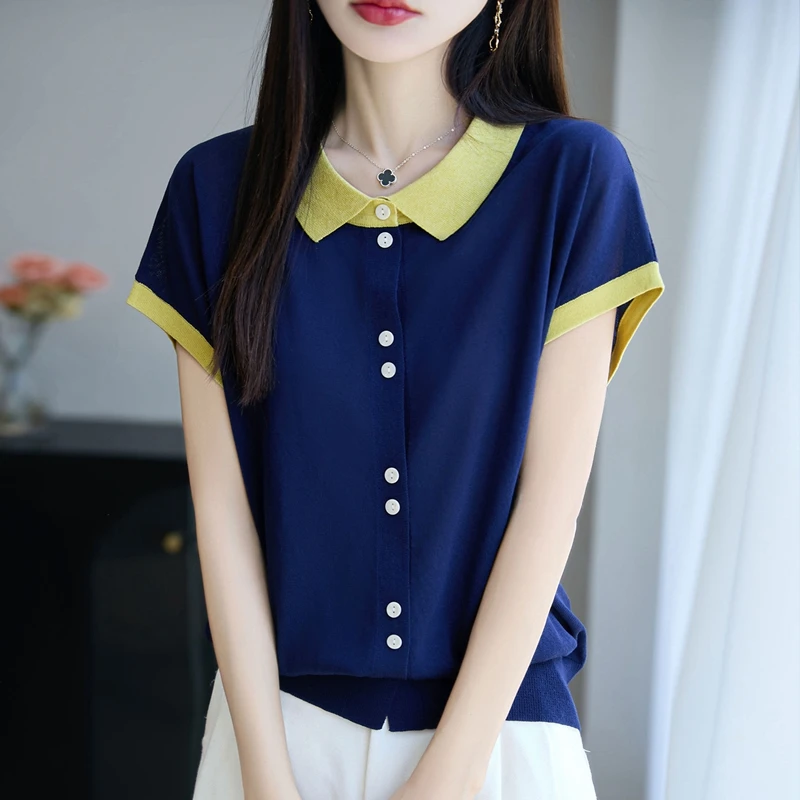 正品哥弟新款冰丝短袖t恤洋气衣服女装2025夏季宽松遮肉POLO衫T恤
