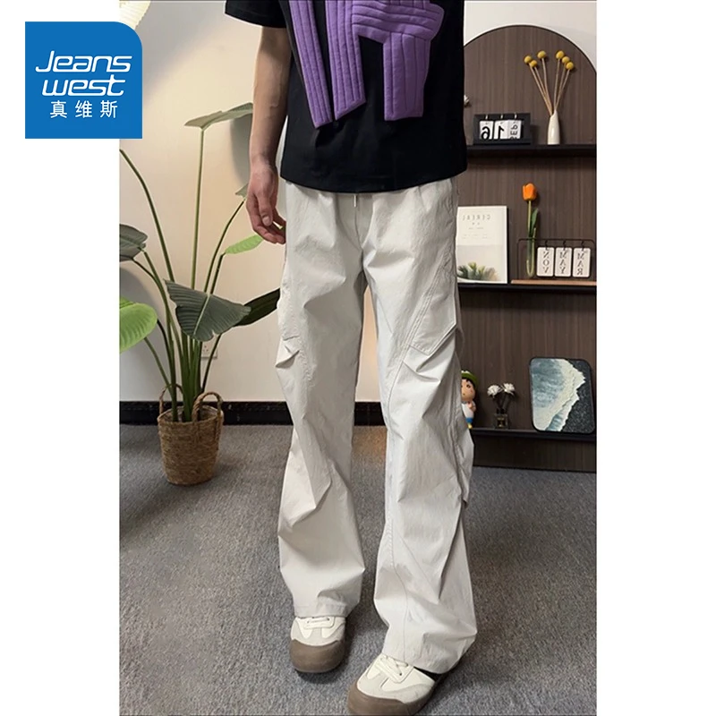 Jeanswest/真维斯美式褶皱工装裤男生夏季薄款宽松速干伞兵休闲裤