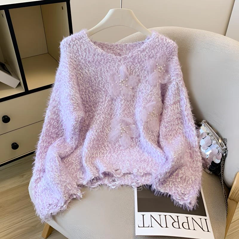 美丽盼/钉珠花朵针织衫女装秋款爆款2025新款奶fufu小众毛衣上衣