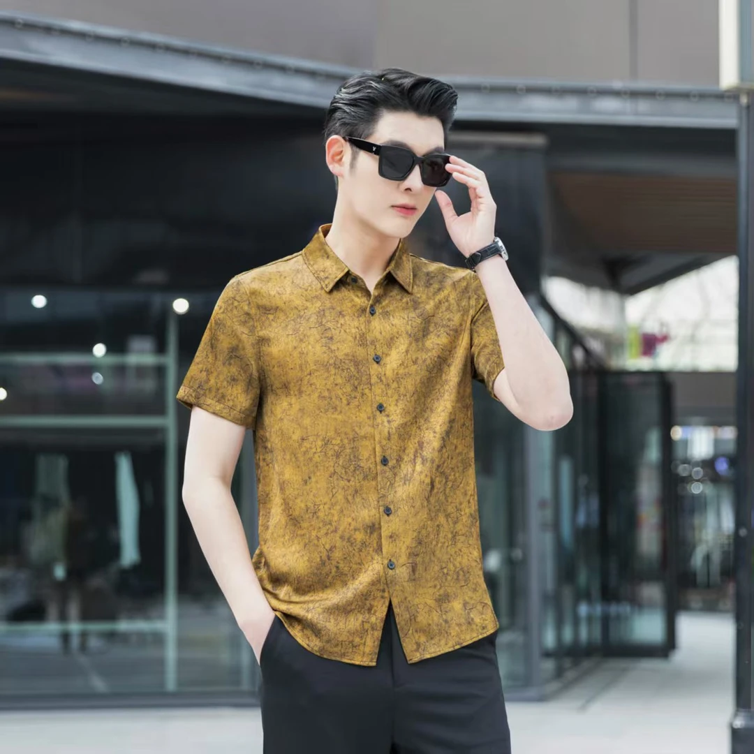 【丝航丝绸】夏季休闲香云纱衬衫男短袖宽松高档桑蚕丝薄款半袖上衣