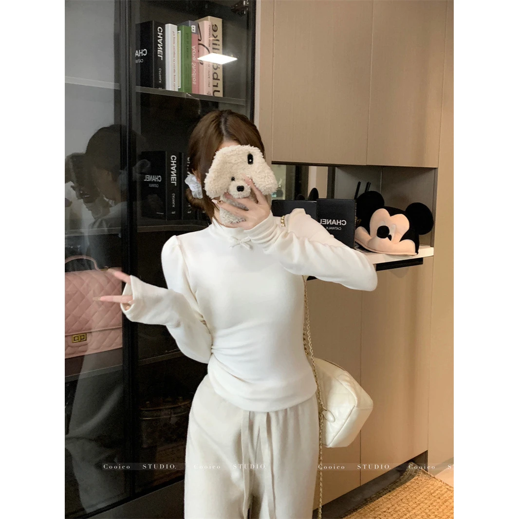 冬日暖阳 蝴蝶结高领打底衫女秋冬修身显瘦保暖长袖上衣