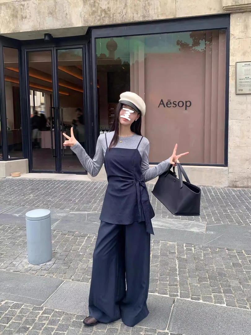 韩系穿搭吊带背心长袖T恤打底衫上衣三件套女秋季休闲裤时尚套装