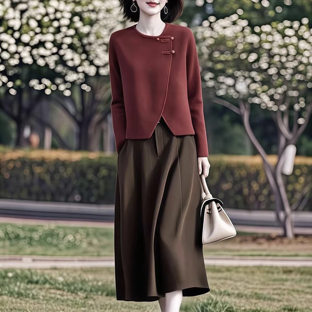 2025春秋新款中老年洋气不规则新中式盘扣气质半身裙两件套