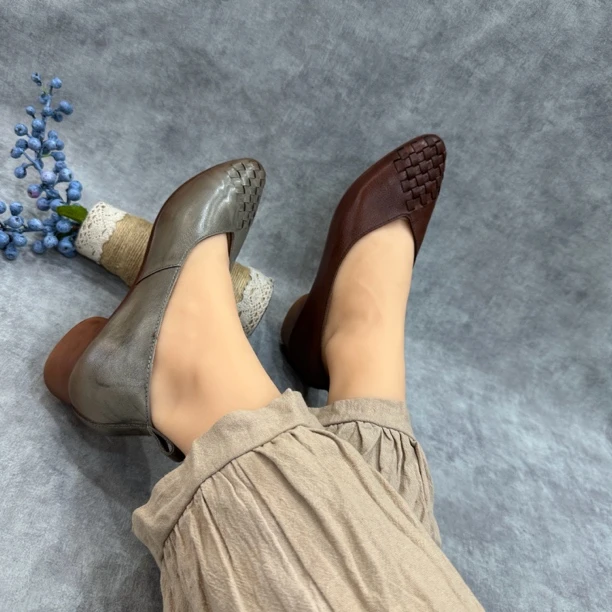 俏皮匠原创手工编织尖头单鞋女平底鞋一脚蹬软皮软底真皮女鞋