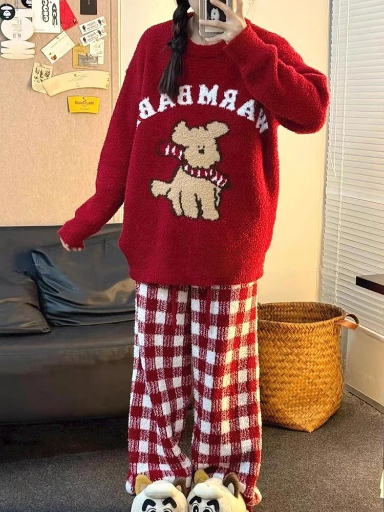针织绒睡衣女秋冬季2025新款红色小狗加厚加绒保暖甜美家居服套装