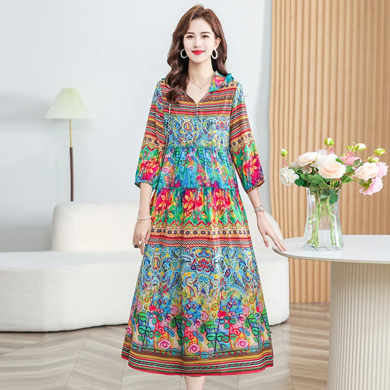 妈妈装连衣裙丝缎高工艺防嗮连帽空调裙【连帽款横花】PS