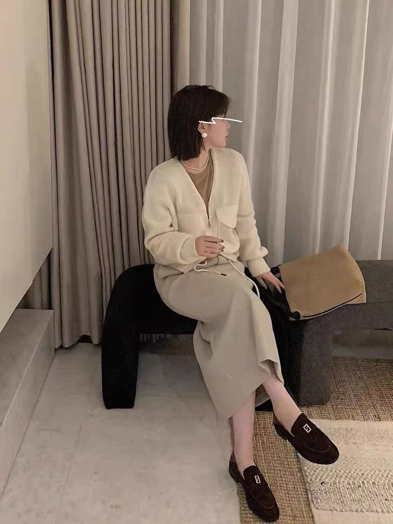 那简家 春秋新款双口袋拉链水貂毛开衫外套