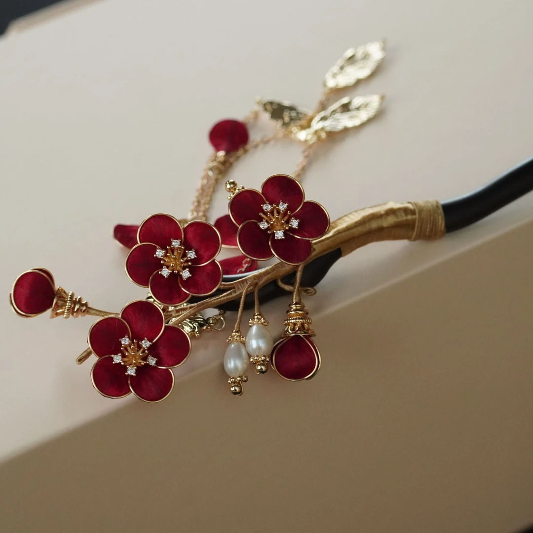 红梅黑檀发簪中国风头饰新非遗绒花南京绒花日常古风国风简约超仙