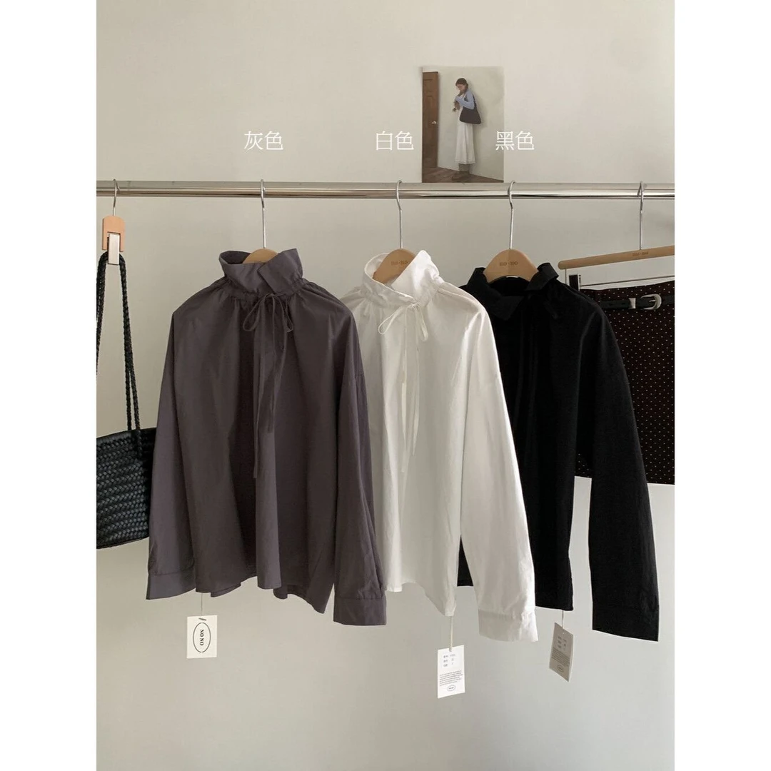 秋冬款女装2025秋季新款法式韩系设计感小众系带长袖衬衫女宽