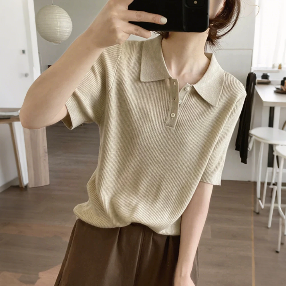 夏季薄款宽松洋气百搭显瘦polo领短袖简约纯色针织T恤衫休闲潮流