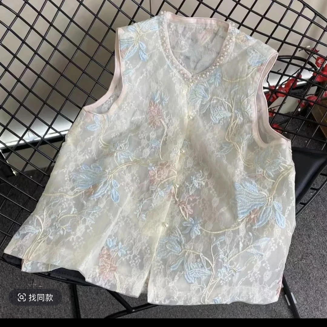 【白玉兰】夏款新中式提花圆领刺绣马甲国风马甲休闲女士无袖马甲