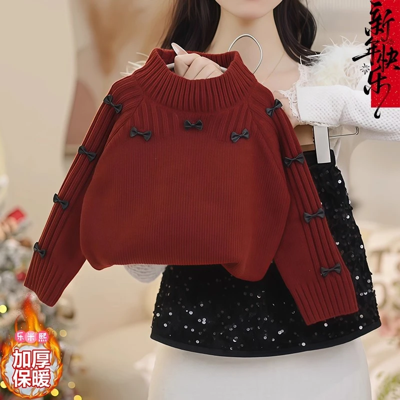 女童半高领红色毛衣亮片半身裙套装2025新款冬装加厚本命年针织衫