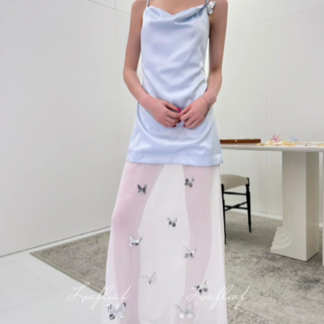 ARTE PURA 缎面荡领蕾丝吊带连衣裙 LEAFLEAF设计师品牌