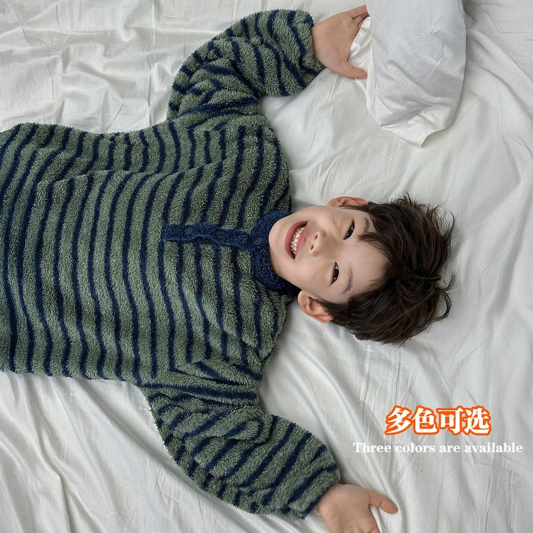 【多多】男童家居服儿童秋冬韩版25新款条纹毛软糯宽松保暖睡衣套装