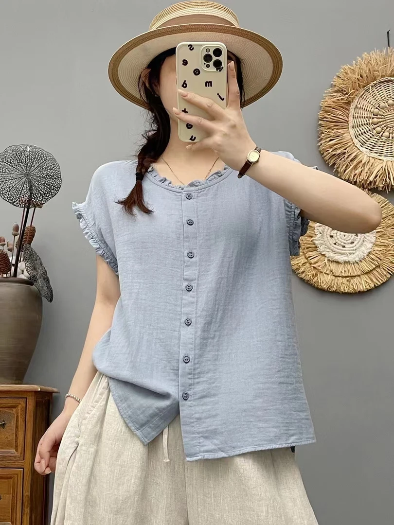 【纯棉】夏季新款纯棉纯色透气吸汗飞飞袖上衣小众女装洋气通勤服饰