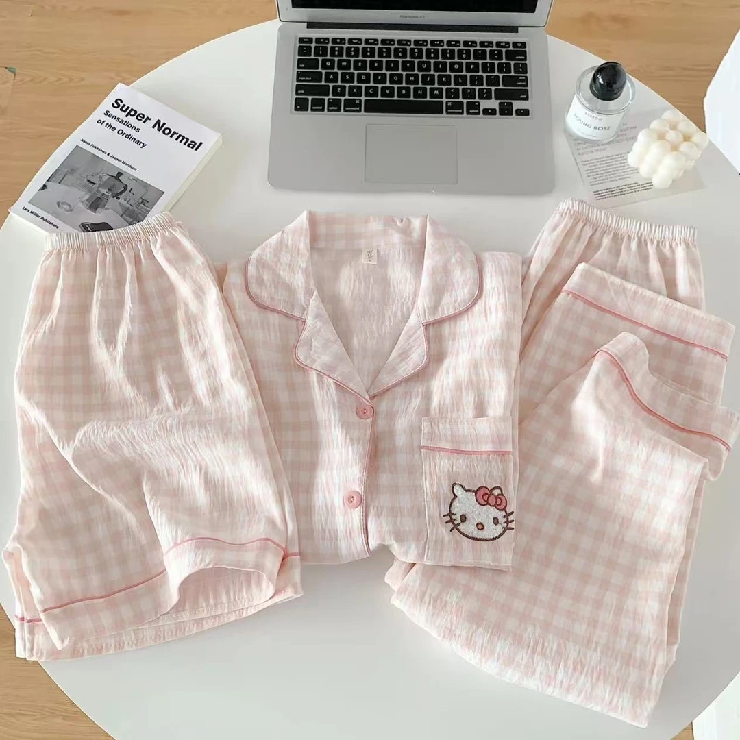 日系粉HelloKitty睡衣女夏季薄款短袖三件套甜美少女网红风家居服
