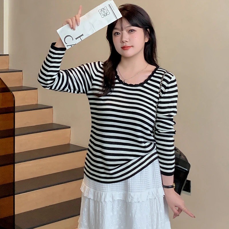 大码女装花边领条纹上衣女打底衫2024秋胖mm百搭宽松针织衫22378