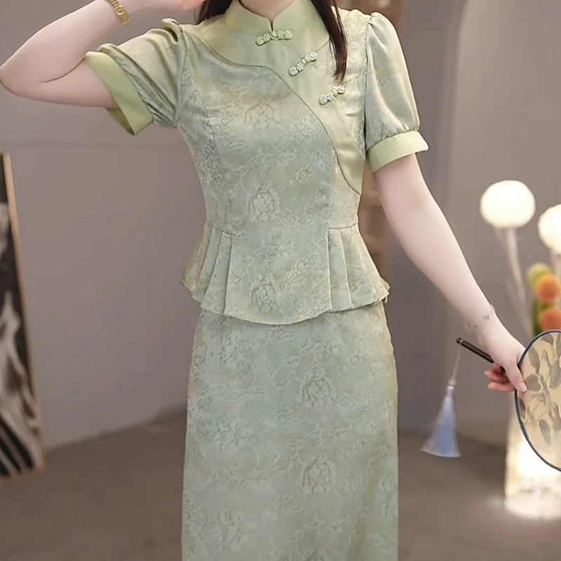 中式国风优雅精致女装2025夏季新款显瘦收腰减龄修身上衣裙子套装