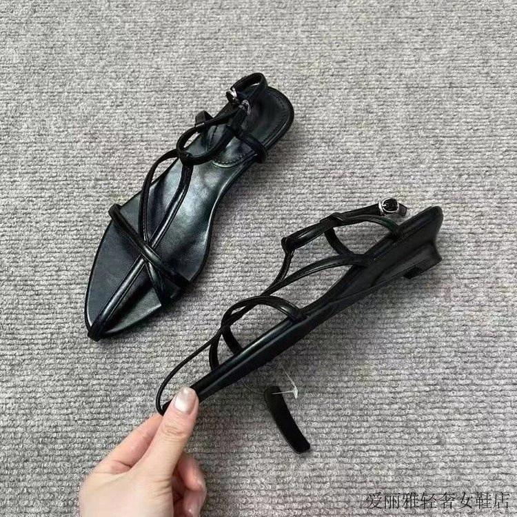 细带罗马鞋女外穿2025夏季新款百搭配裙子时尚性感坡跟尖头凉鞋女