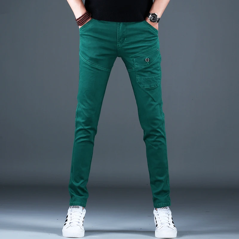 韩俊尼2025新款时尚休闲百搭绿色潮牌秋冬男士修身小脚牛仔裤弹力
