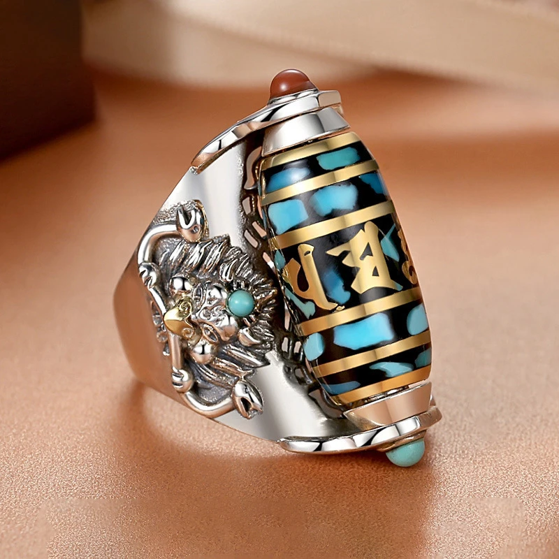 铜合金戒指 六字真可转动戒指男士国潮大鹏鸟个性戒指藏式戒指霸