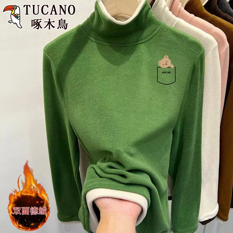 啄木鸟双面德绒长袖t恤女装拼色假两件秋冬新款软糯打底衫上衣服