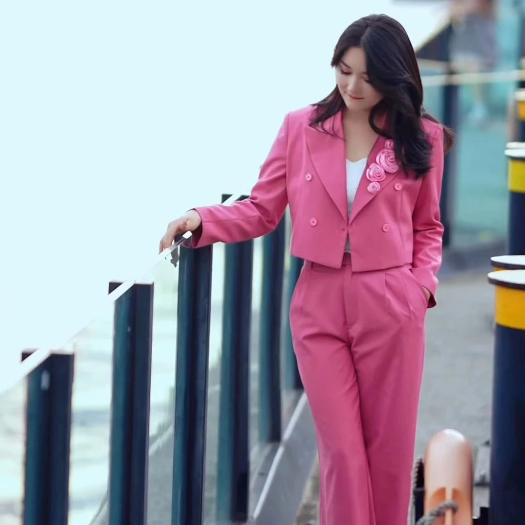 2025胭脂粉玫瑰长袖女士西服直筒裤套装