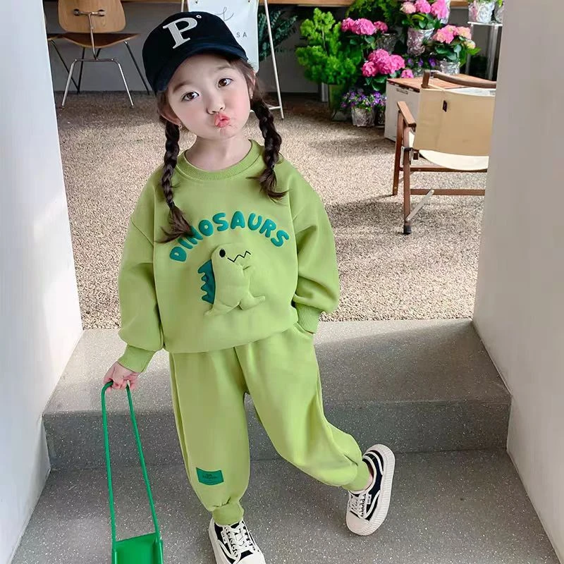 S37女童秋装套装新款加绒卫衣恐龙卫裤宝宝秋冬款儿童两件套