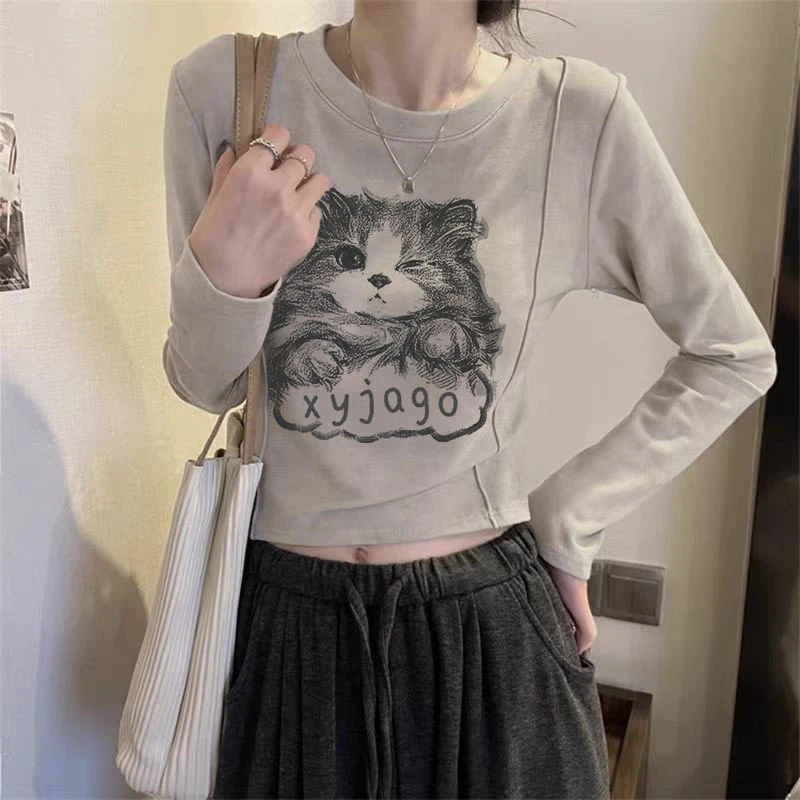 显瘦设计感长袖上衣少女风简约卡通百搭印花正肩T恤女常规款减龄