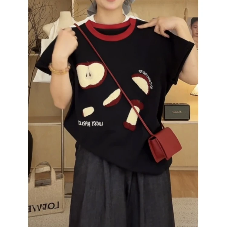 大码微胖短袖T恤女夏季新款撞色设计感体恤胖MM遮肉显瘦上衣-7312