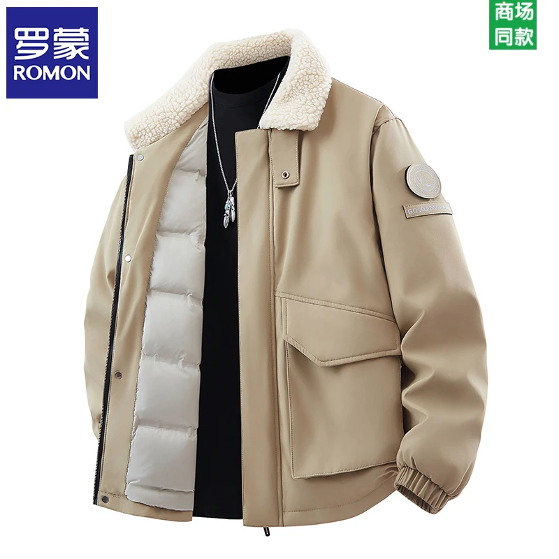 罗蒙冬季上新羊羔毛翻领羽绒服男士外套加绒保暖时尚休闲商务上衣