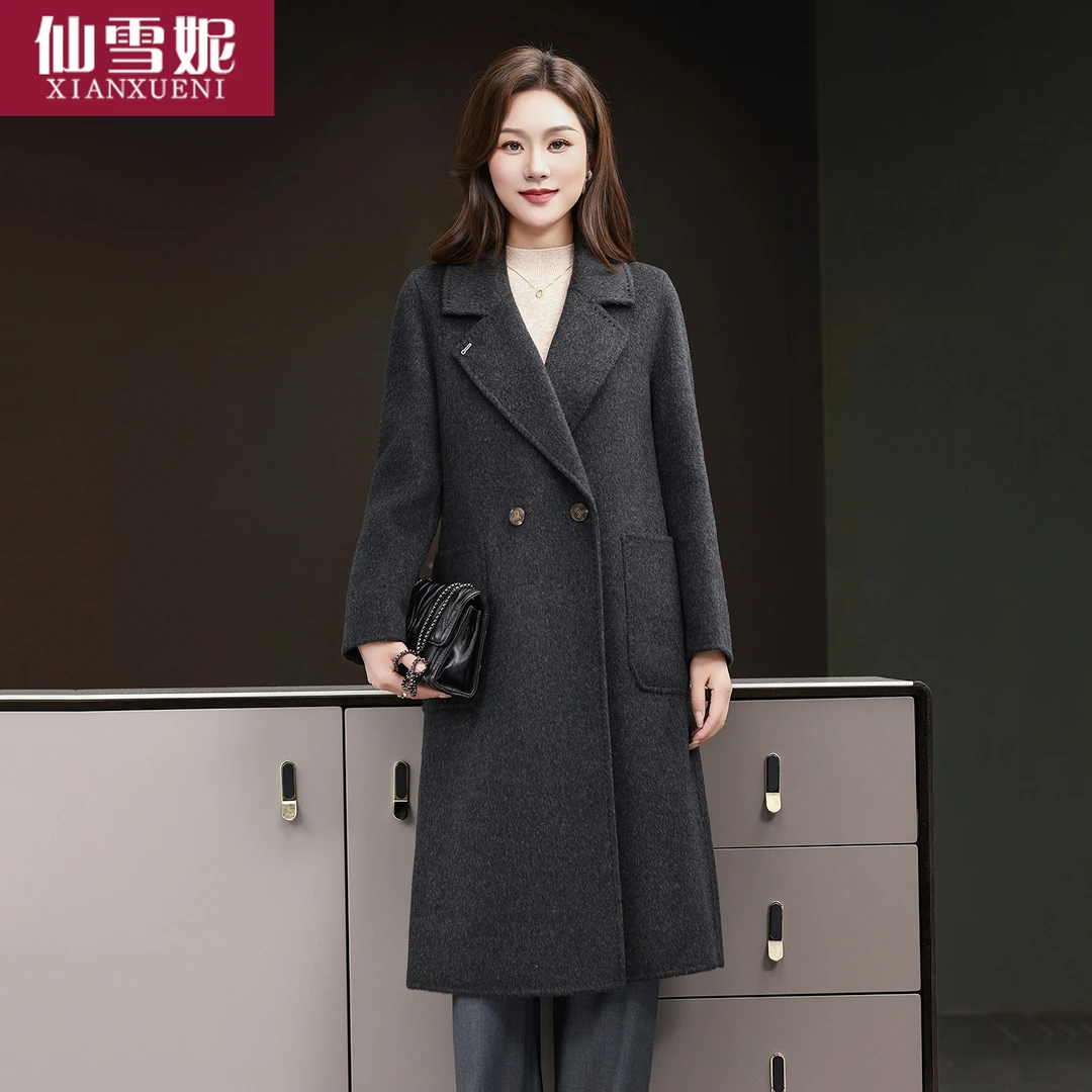 双面绒女秋冬新长款大衣高端炭灰妈妈装宽松厚实大码羊毛呢外套
