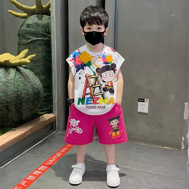 哪吒儿童服装男童夏季套装2025新款痞帅洋气运动宝宝无袖背心衣服